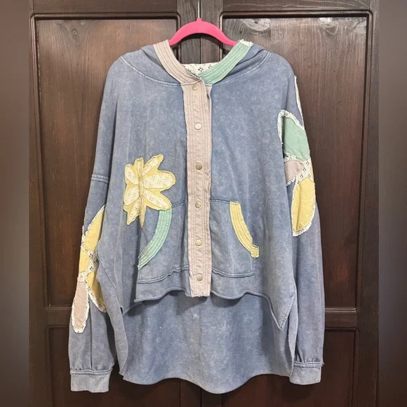 Oli & Hali Floral Patchwork Hoodie Mineral Wash Jacket size XL Blue - Picture 7 of 15